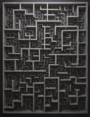The primary subject of the image is a large, intricate wooden puzzle or maze. The setting is a black background, which contrasts with the wooden puzzle. The visual style is a combination of a photo and a digital art or illustration, as the puzzle appears to be a three-dimensional representation. The colors and mood of the image are predominantly dark, with the wooden puzzle being the main focus and source of interest.
